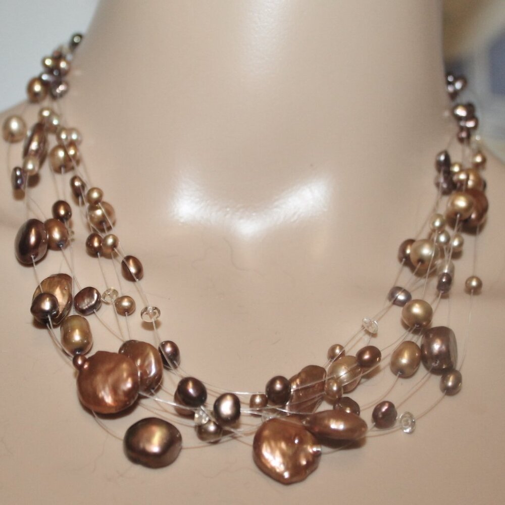 14K Gold Bronze Disc and Rounds Freshwater Pearl 5 Strand Illusion Necklace